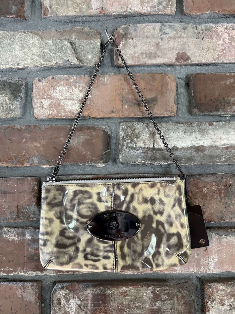 Authentic Mulberry Patent Leather Leopard Print Charlie Chain Clutch Bag Pouch